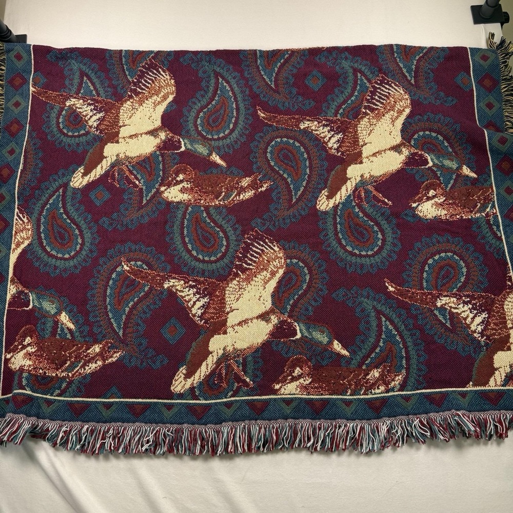 Vtg Woven Tapestry Throw Blanket Mallard Duck Paisley Fringe Burgundy Teal 47x70 - Picture 8 of 12